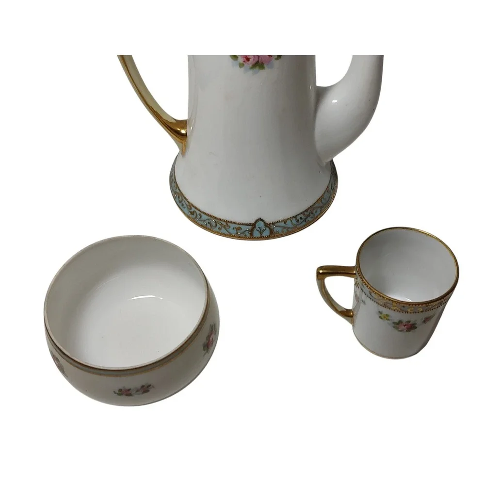 Antique Nippon Chocolate Pot Demitasse Mug Sugar Bowl Gold Moriage‎ Hand Painted